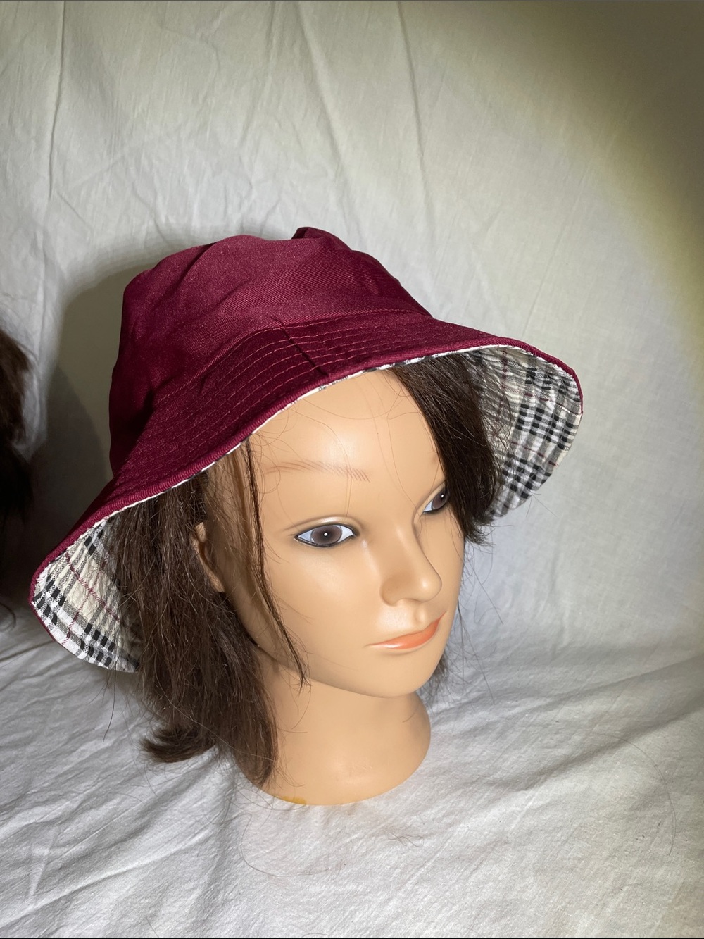 Reversible Burgundy Bucket Hat with Plaid Trim